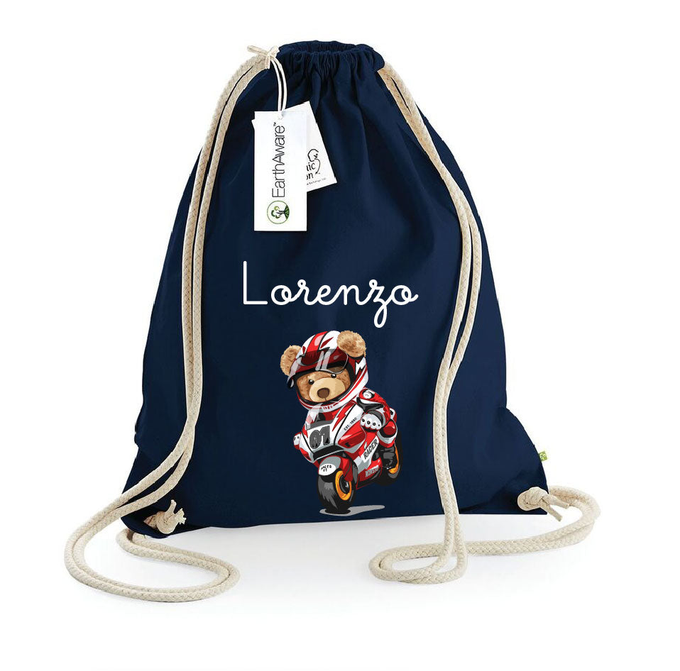 Zaino a sacca in cotone pesante Orsetto in Moto - Be Brave Boutique
