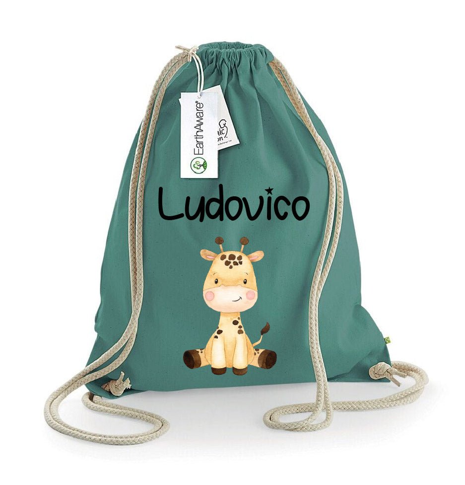 Zaino Sacca Asilo Personalizzato – Bambino con Nome Cucciolo di Giraffa