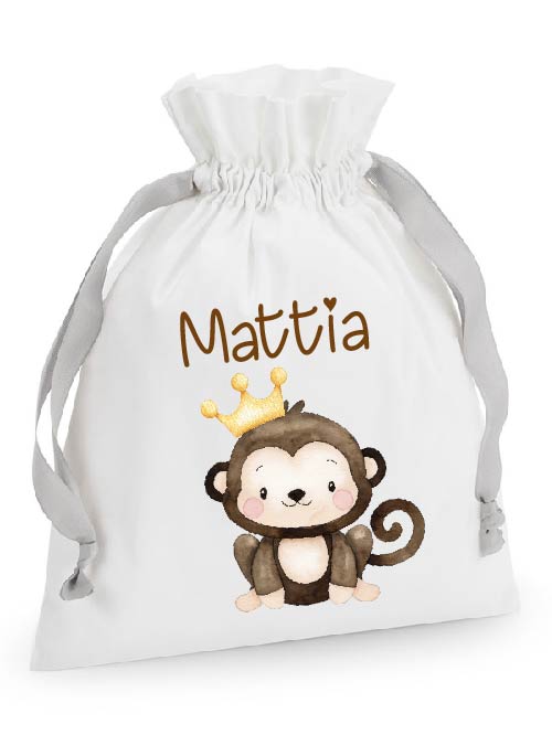 Sacchetto per cambi, regali, organizer con Nastro a coulisse personalizzabile Scimmietta Corona - Be Brave Boutique