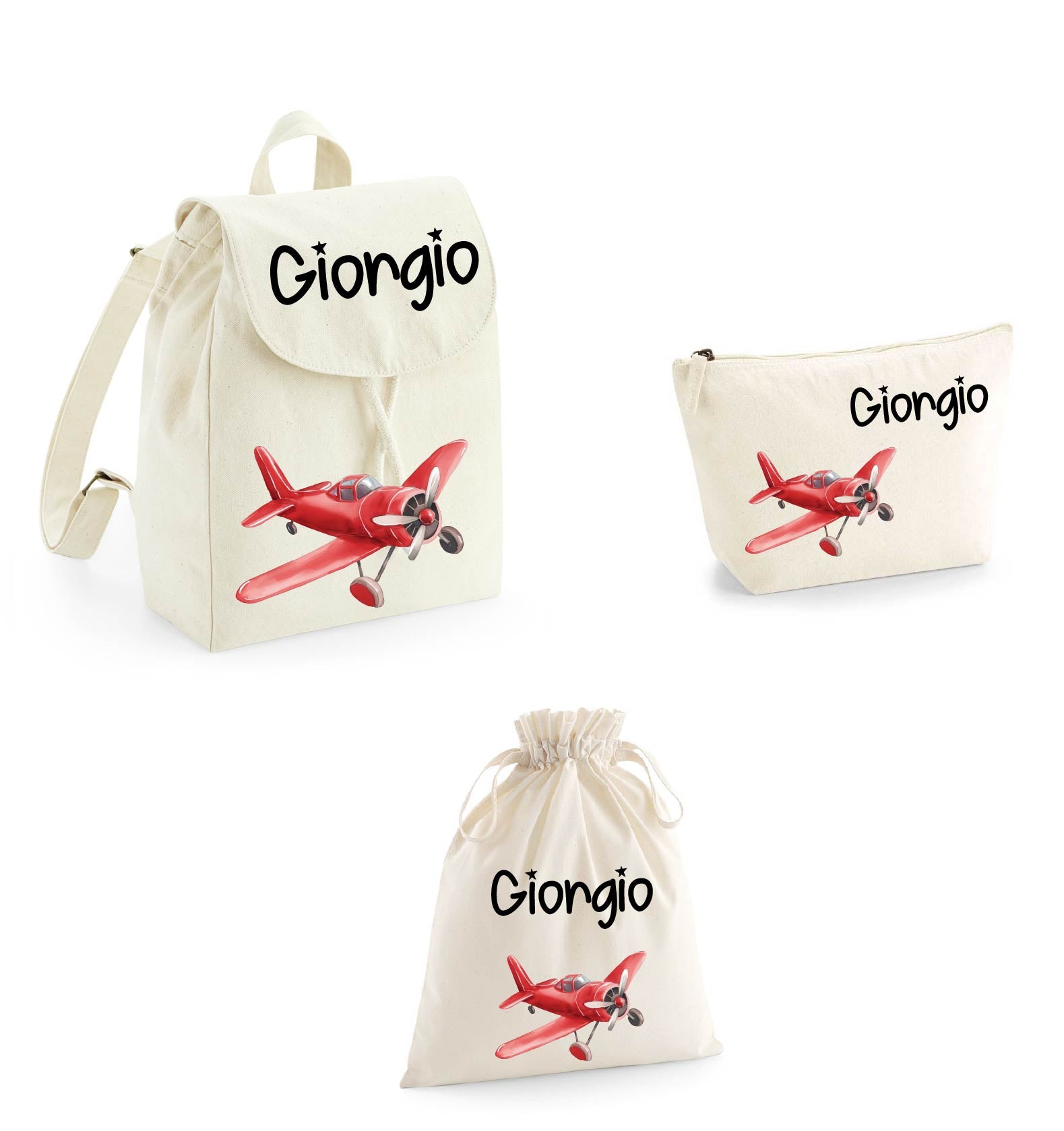 Set asilo Mini Zaino, Sacchetto cambi e beauty Aereo Rosso - Be Brave Boutique