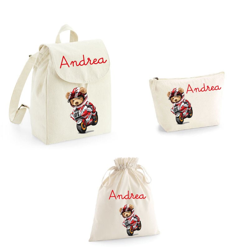 Set asilo Mini Zaino, Sacchetto cambi e beauty Orsetto in Moto - Be Brave Boutique