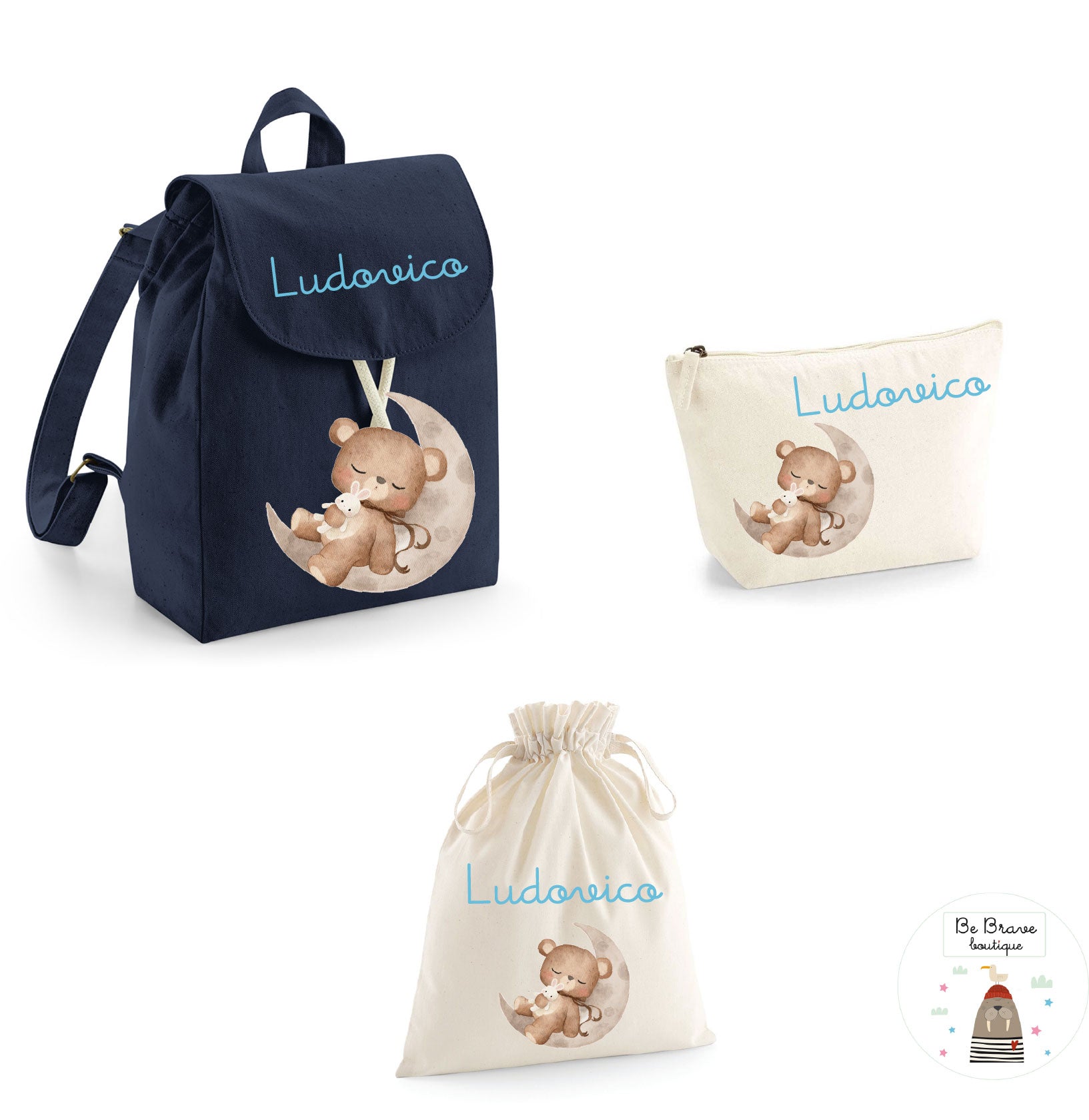 Set Asilo Completo Personalizzato – Mini Zaino, Sacchetto Beauty Bambino Orso su Luna