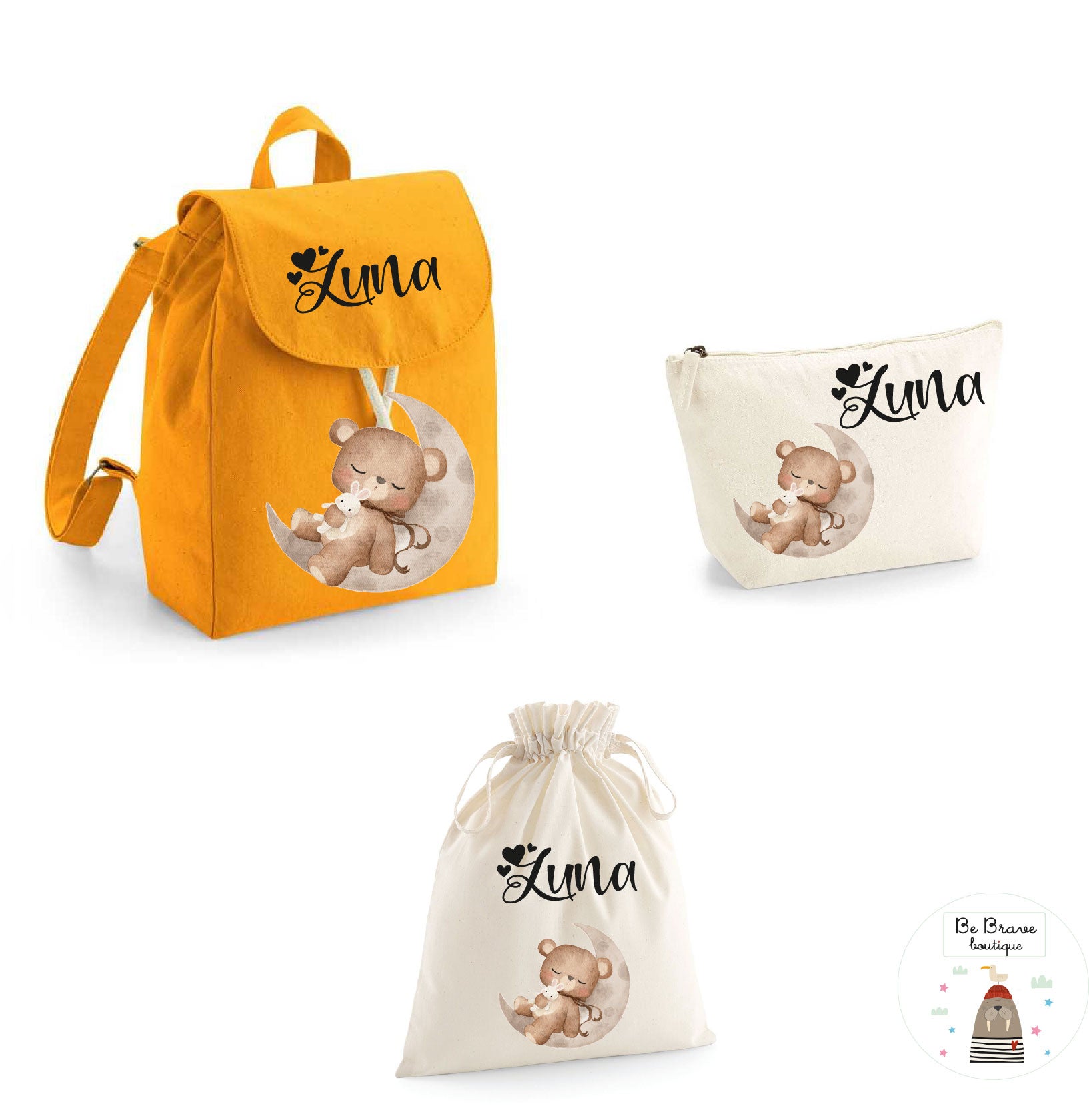 Set Asilo Completo Personalizzato – Mini Zaino, Sacchetto Beauty Bambino Orso su Luna