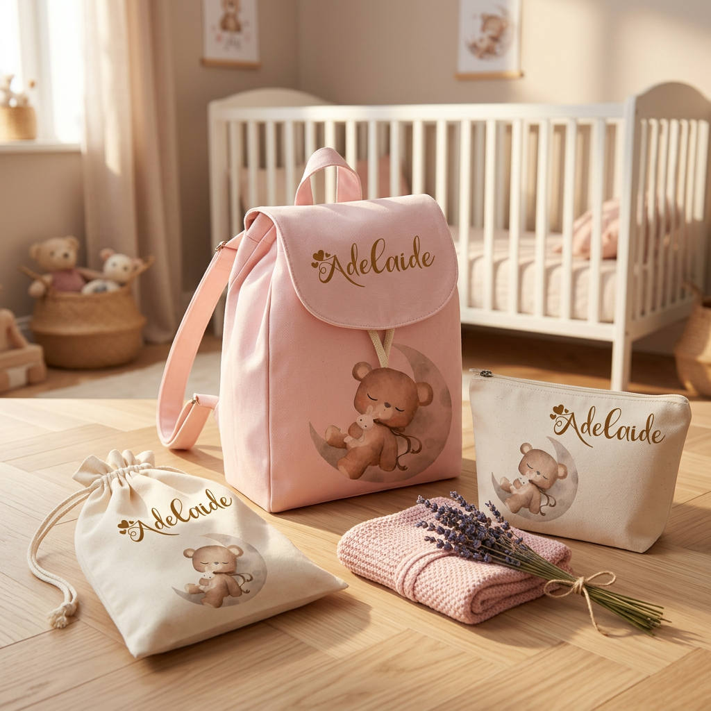 Set Asilo Completo Personalizzato – Mini Zaino, Sacchetto Beauty Bambino Orso su Luna