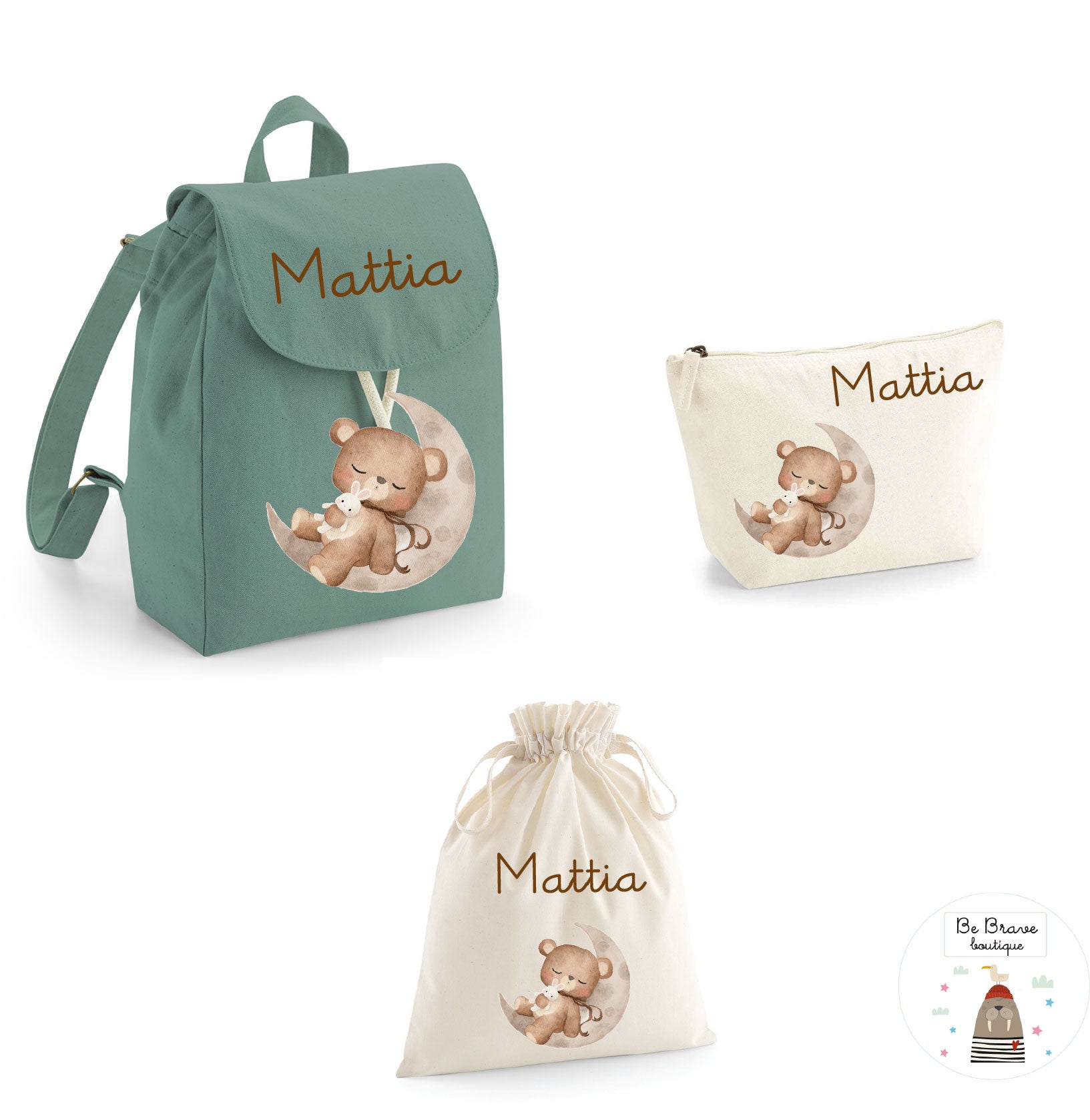 Set Asilo Completo Personalizzato – Mini Zaino, Sacchetto Beauty Bambino Orso su Luna