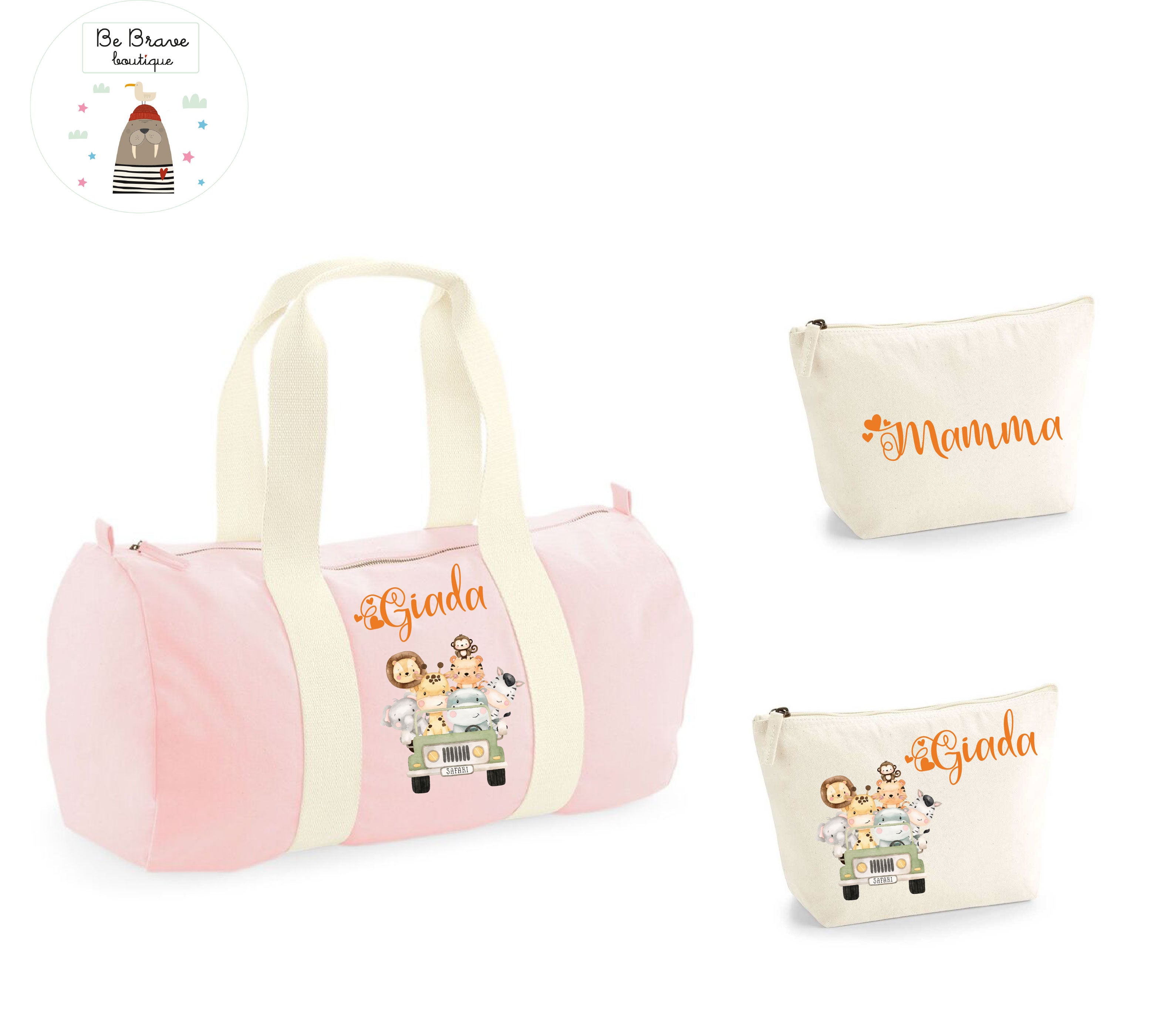 Borsone Baby e 2 beauty case in cotone  Safari personalizzati con nome