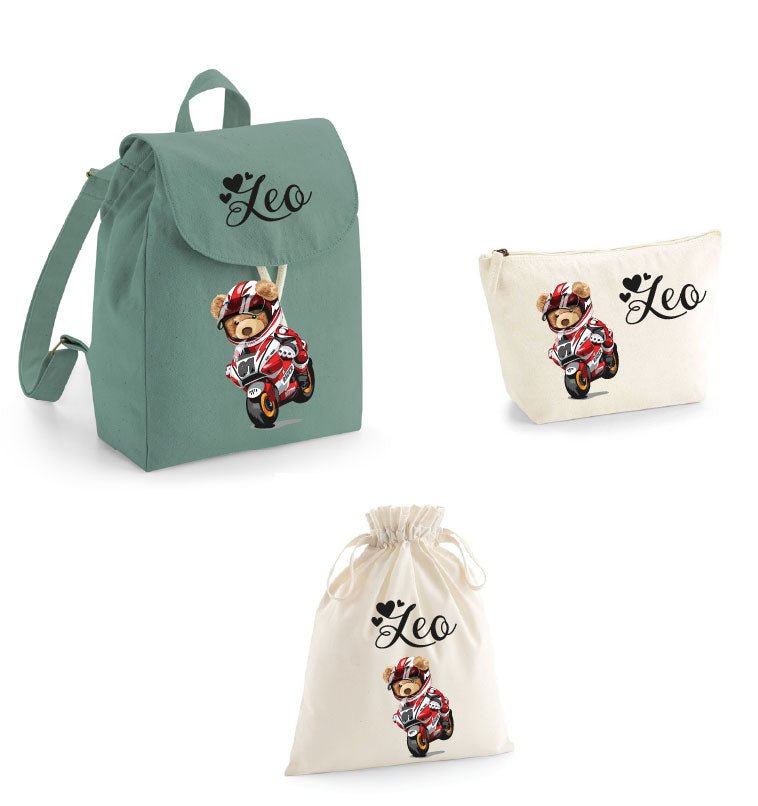 Set asilo Mini Zaino, Sacchetto cambi e beauty Orsetto in Moto - Be Brave Boutique