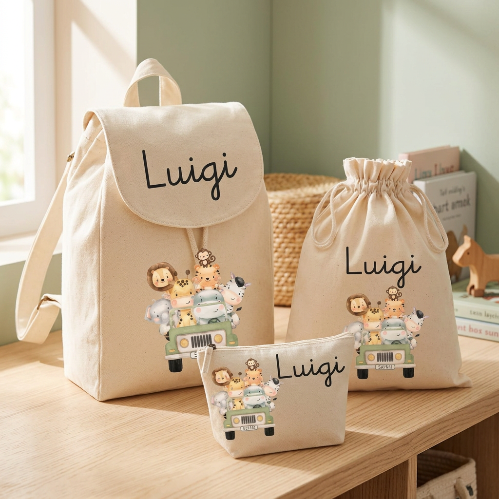 Set Asilo Bambino Personalizzato – Zaino, Sacchetto e Beauty  Safari Verde