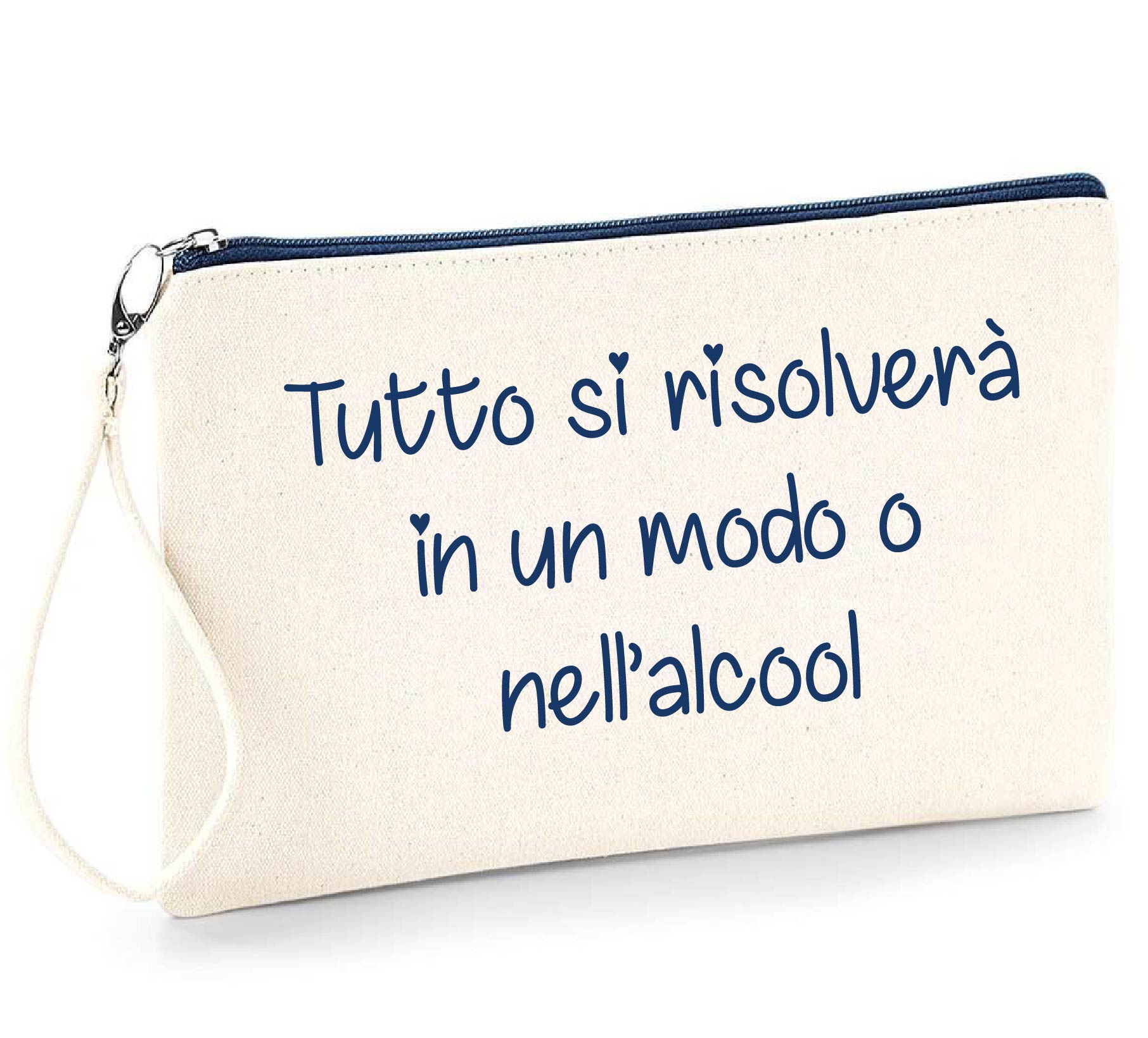 Pochette in cotone  beige zip navy Frase divertente idea regalo “Tutto si Risolverà”