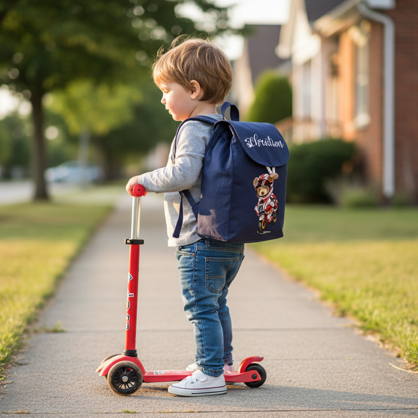 Set asilo Mini Zaino personalizzabile , Sacchetto cambi e beauty Orsetto in Moto
