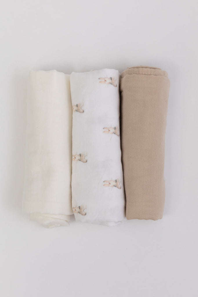 BAMBOOM Swaddle Muslin Medium multi-uso 70x70cm 3-Pack  Coniglio / Cammello / Avorio - Be Brave Boutique