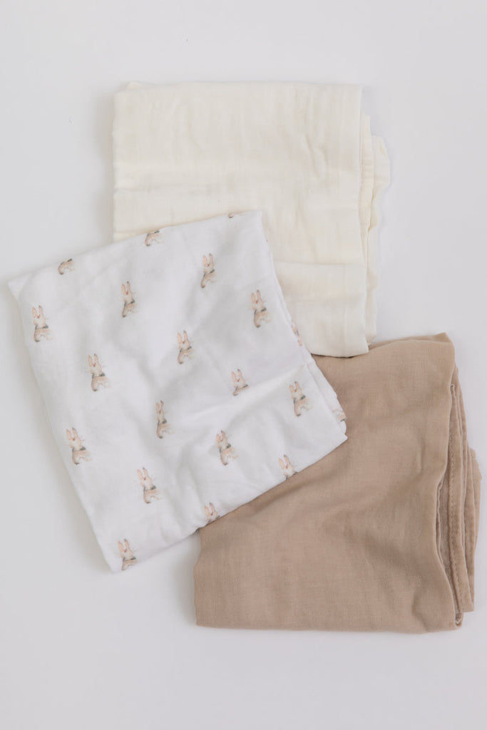 BAMBOOM Swaddle Muslin Medium multi-uso 70x70cm 3-Pack  Coniglio / Cammello / Avorio - Be Brave Boutique