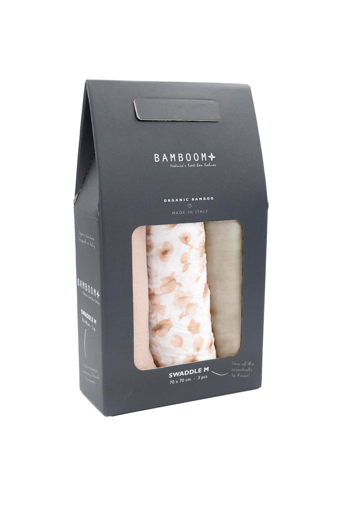 BAMBOOM Swaddle Muslin Medium multi-uso 70x70cm 3-Pack  Fiori / Rosa / Cammello - Be Brave Boutique