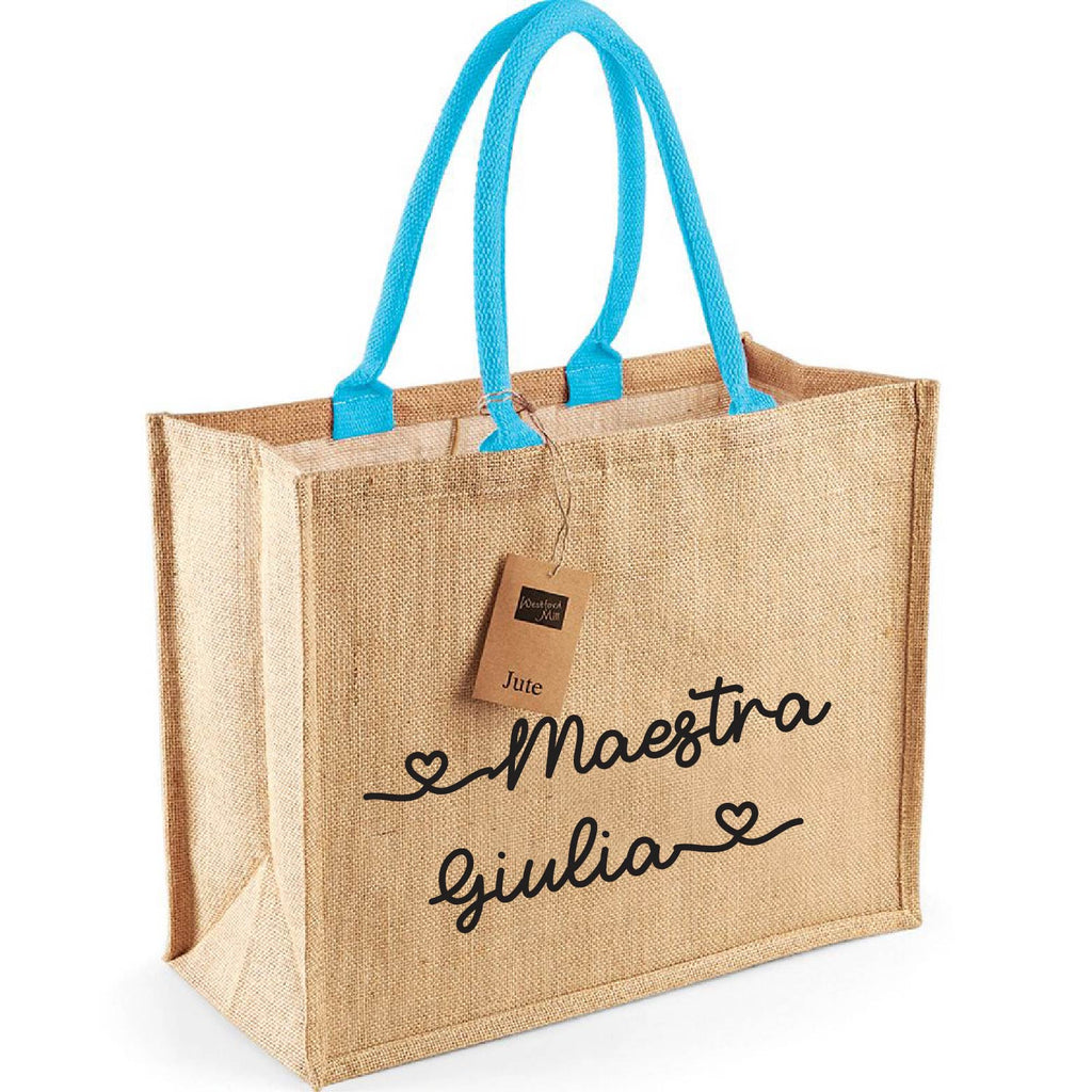Borsa in Juta Manico Azzurro personalizzabile Regalo maestre fine anno - Be Brave Boutique