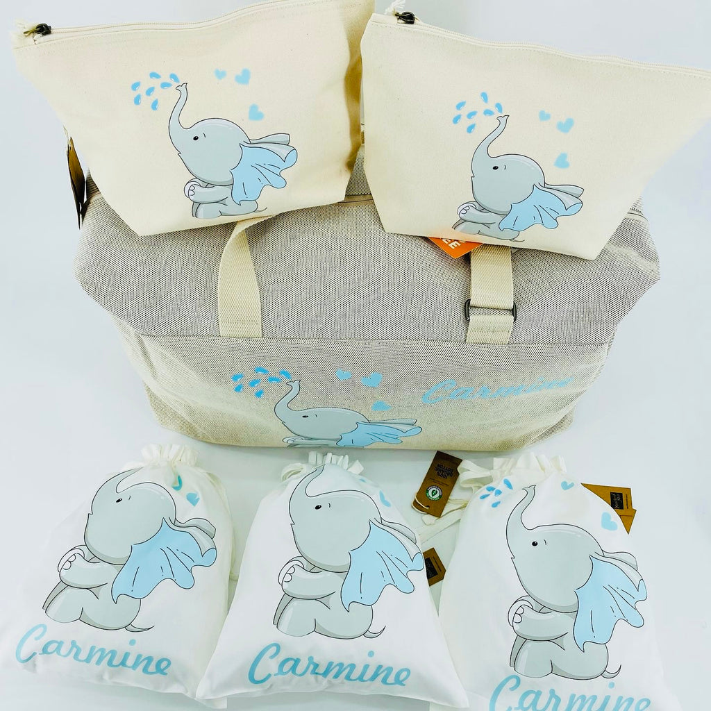 Borsone elefantino, 2 pochette e 3 sacchi in cotone organico - Be Brave Boutique