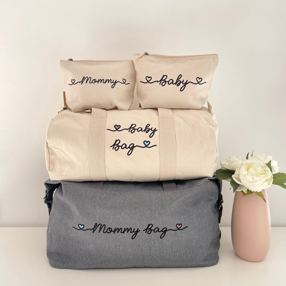 Borsa Parto Ospedale Grande + Piccola Set 2 Pezzi - In Cotone Ricamato, Per Mamma, Passeggino, Viaggio - 2