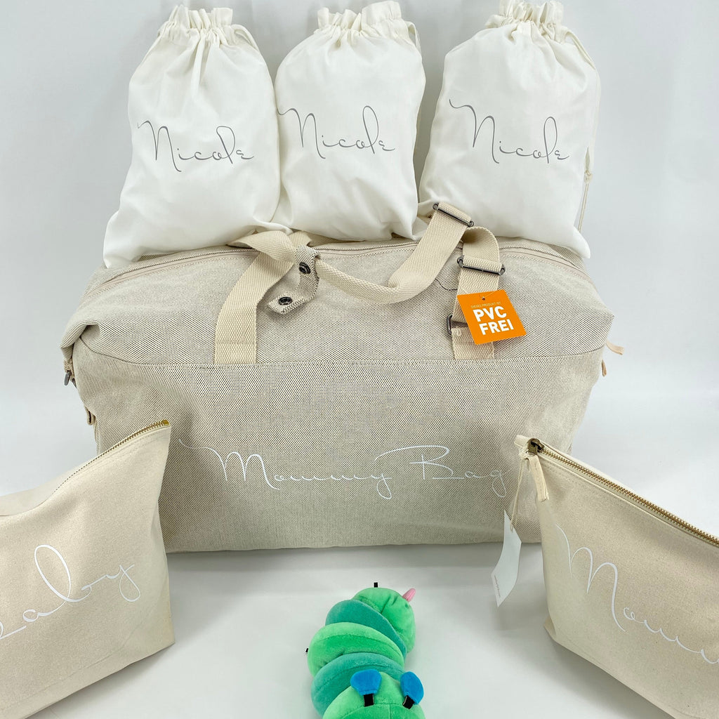 Borsone mommy bag, 2 pochette MEDIE O LARGE  e 3 sacchi in cotone organico ABBINATI E PERSONALIZZATI - Be Brave Boutique
