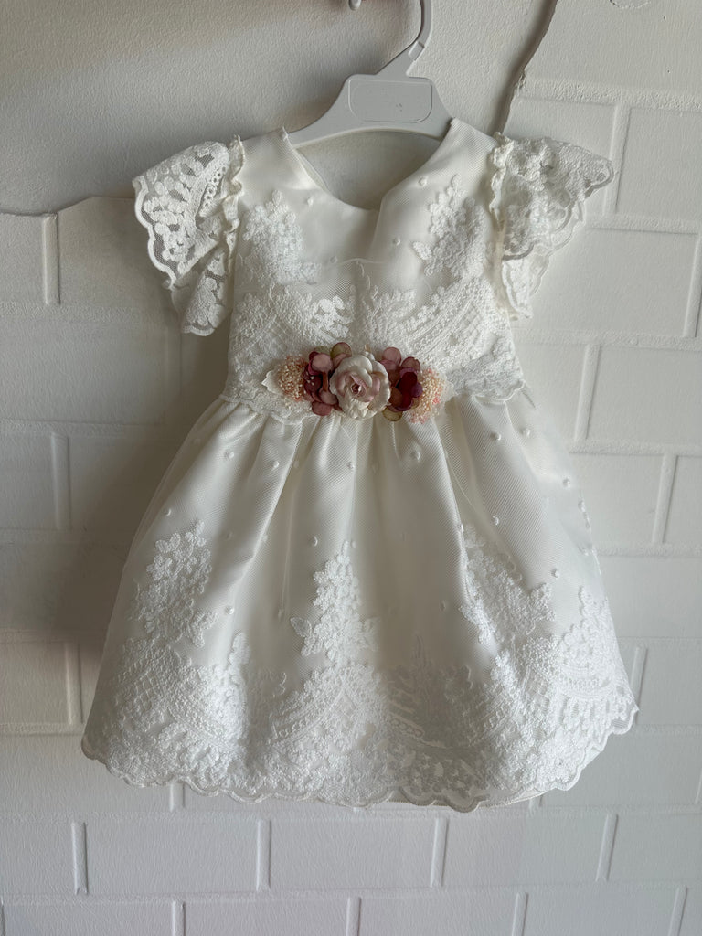 Abitino da cerimonia Bianco in pizzo e Fiori Rosa da 2 a 6 anni - Be Brave Boutique