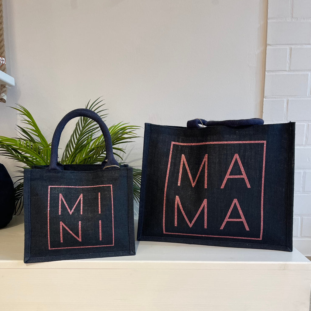 Coppia borse juta Blu Navy Mama Mini matchy-matchy - Be Brave Boutique