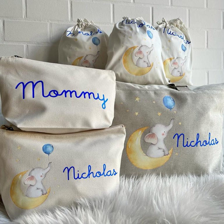 Borsone Elefantino sulla luna , 2 pochette  e 3 sacchi in cotone organico - Be Brave Boutique