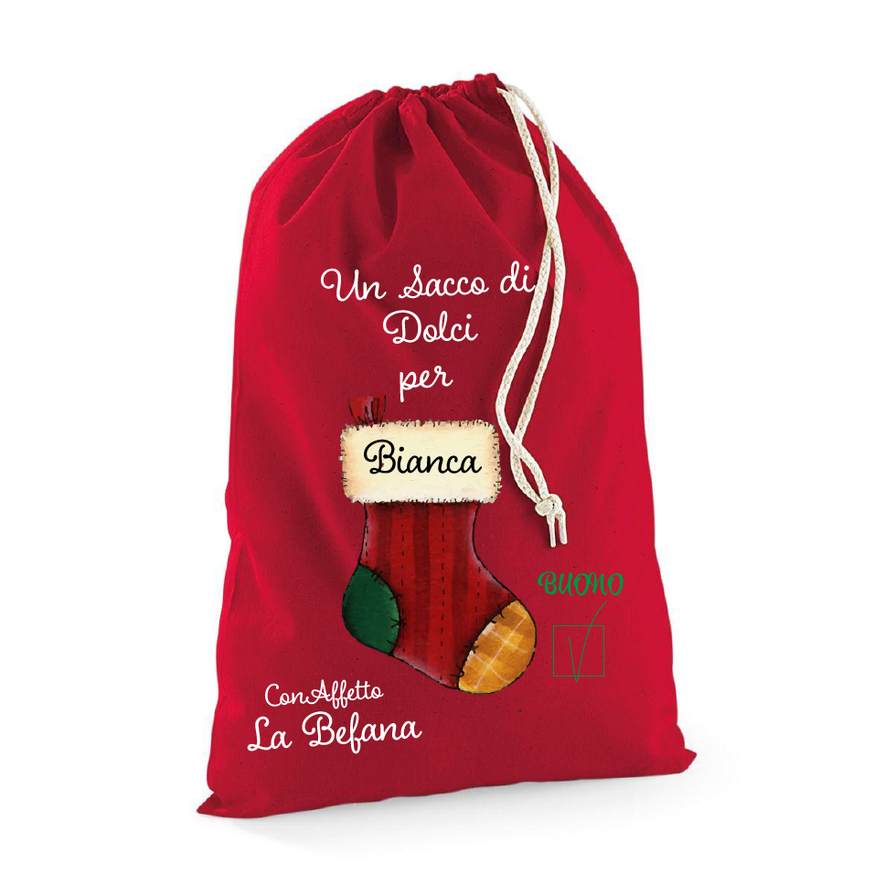 Sacco con stampa calza in cotone porta dolcetti della Befana - Be Brave Boutique